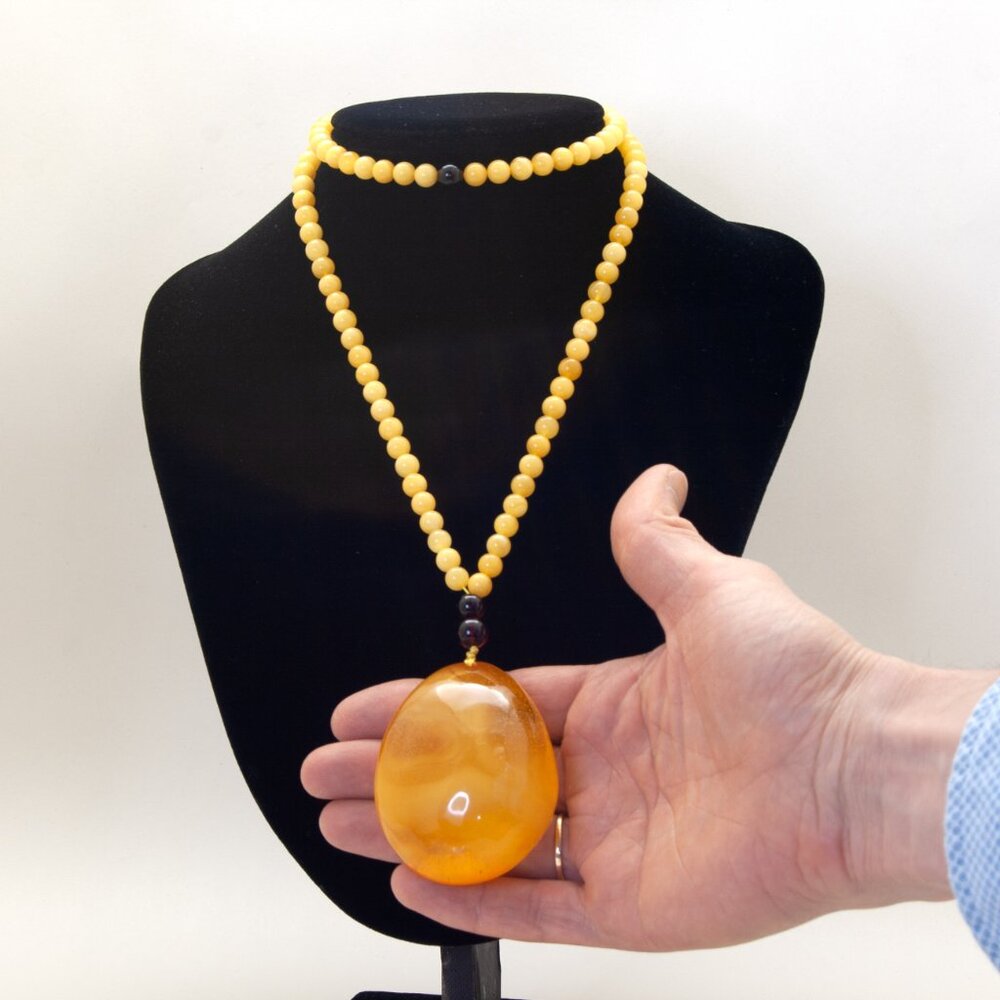Baltic Amber Beaded Necklace Large Pendant, Boho Long Statement Necklace